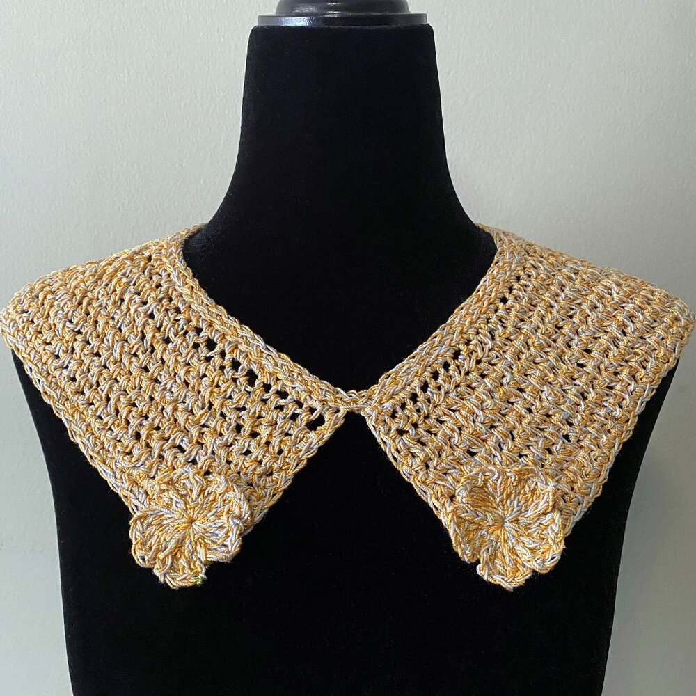 Handmade Crochet Gold Grey Cotton Holiday Collar Neckwear Accessory